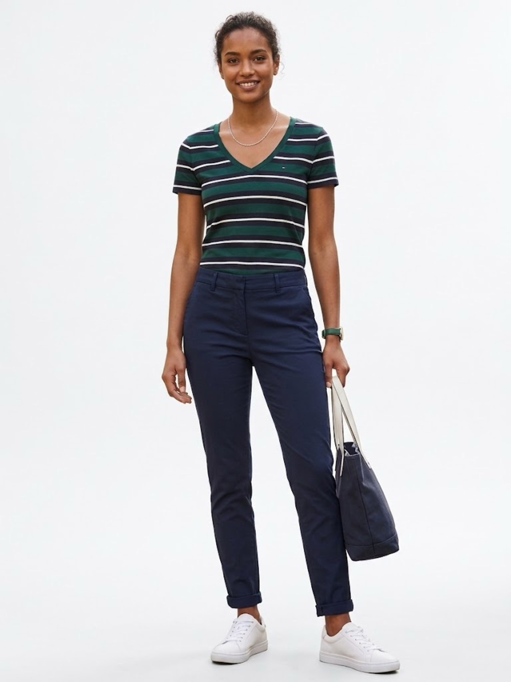 Tommy Hilfiger Green & Navy Striped V‑Neck Short Sleeve Tee NWT